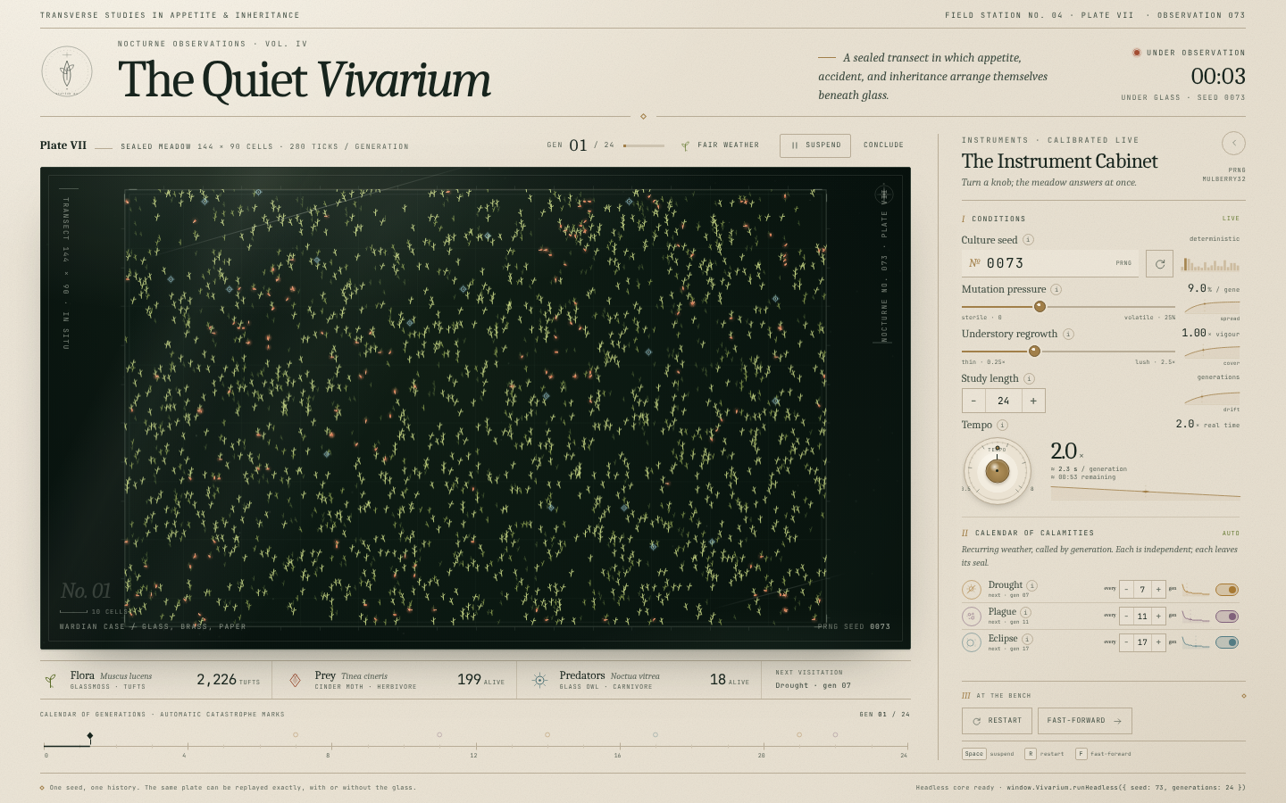 The Quiet Vivarium, live simulation